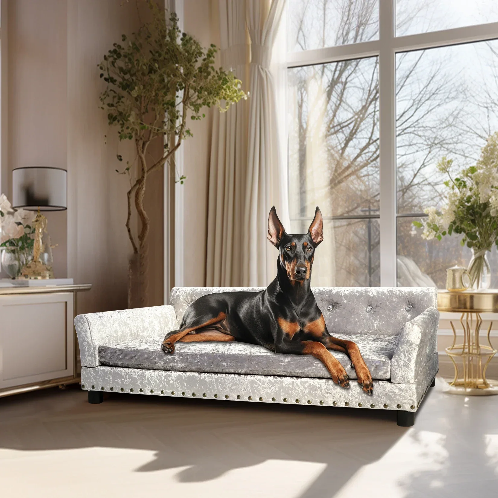 

%A L XXL Large Dog Bed Sofa Dutch Velvet Upholstered Pet Lounge Chair Couch Bed Solid Wood Legs Detachable Pad Pet Supplies