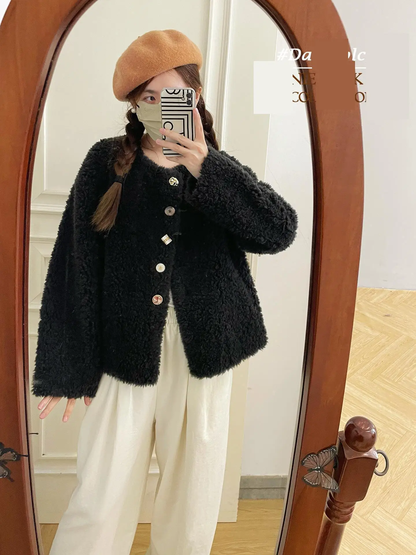 سترة نسائية للخريف والشتاء أنيقة من الصوف برقبة دائرية وأكمام طويلة سترة فضفاضة للسيدات أنيقة واحدة الصدر من الصوف والفرو ملابس خارجية #2