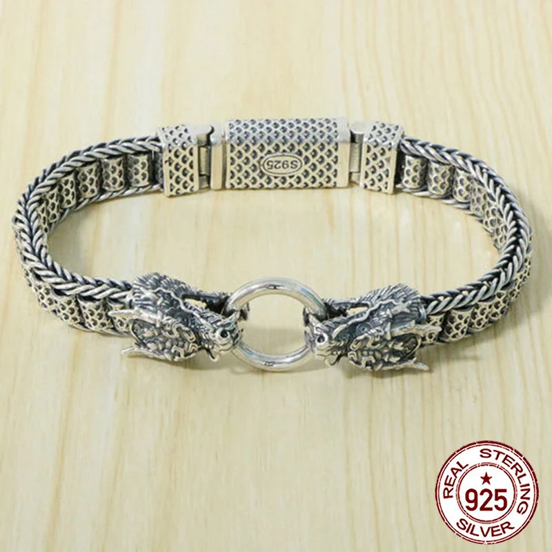 S925 sterling silver bracelet with stylish temperament  Personalized and domineering double headed hip-hop  Advanced niche