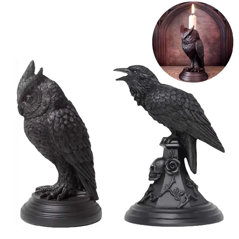 

Gothic Crow Candle Holder Retro Black Owl Candlestick Resin Sculpture Craft Halloween Statue Fun Atmosphere Home Decoration