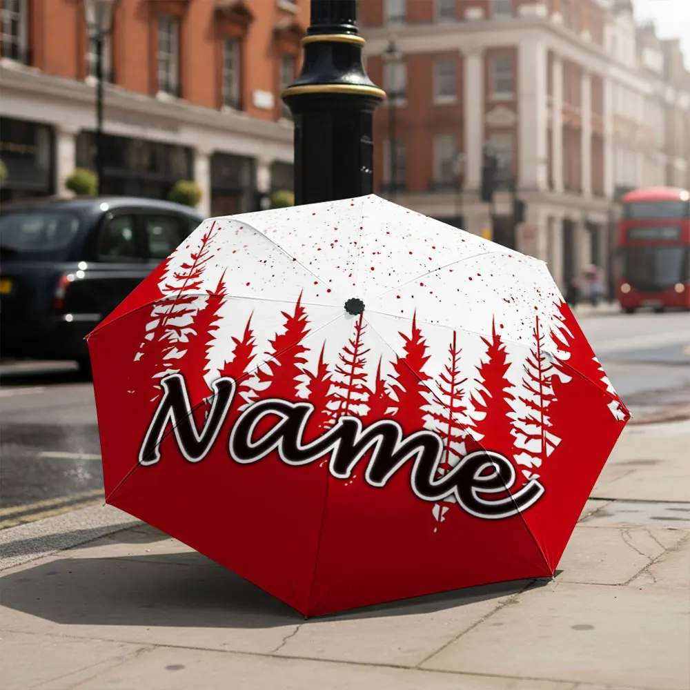 Custom Name umbrella, Red Forest Print Umbrella Fashion Folding Umbrella for Sunny and Rainy Days, Christmas Gift