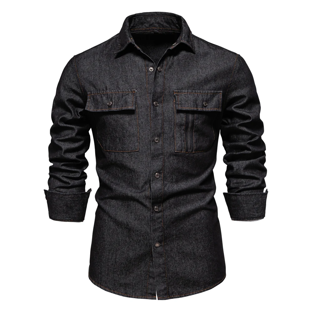 AIOPESON Mens 100% Cotton Denim Shirts Autumn Thick Cowboy High Quality Male Shirt Solid Color Button Casual Jeans Shirt