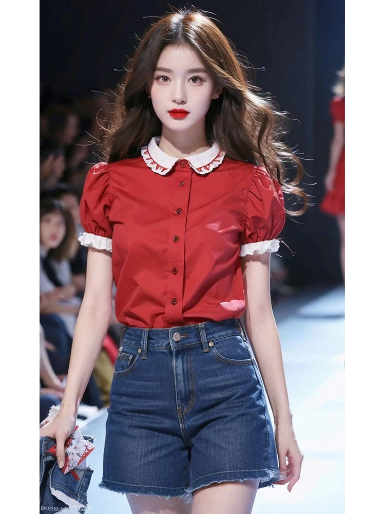 Summer New High Quality Patchwork Peter Pan Collar Fashion Slim Design Women\'s Wear Single Breasted Office Lady Red Shirt