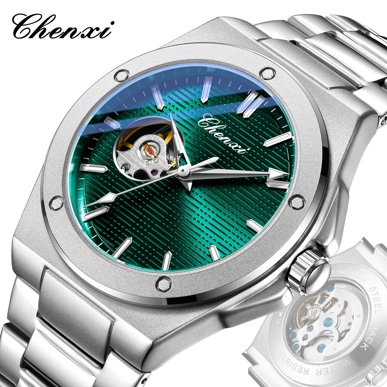 Chenxi Men Mechanical Watches Luxury Green Dial Automatic Hollow Movement Business Wristwatch Stainless Steel Waterproof Watches