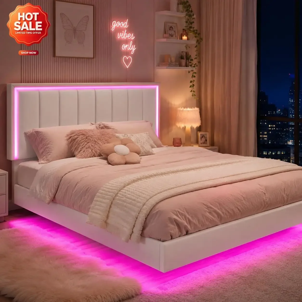 Queen Size Floating Bed Frame with LED Lights, Upholstered Platform Bed with Headboard, 11 in Storage Clearance, Solid Wood Slat