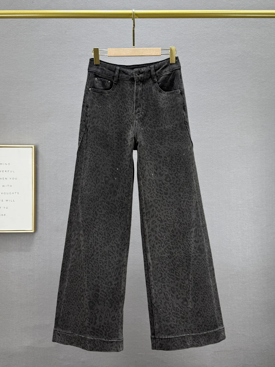 

Женские джинсы с высокой талией и широкими штанинами, новинка 2024 года, зимние, модные, свободного кроя, стройнящие, с богатой отделкой, с леопардовым принтом