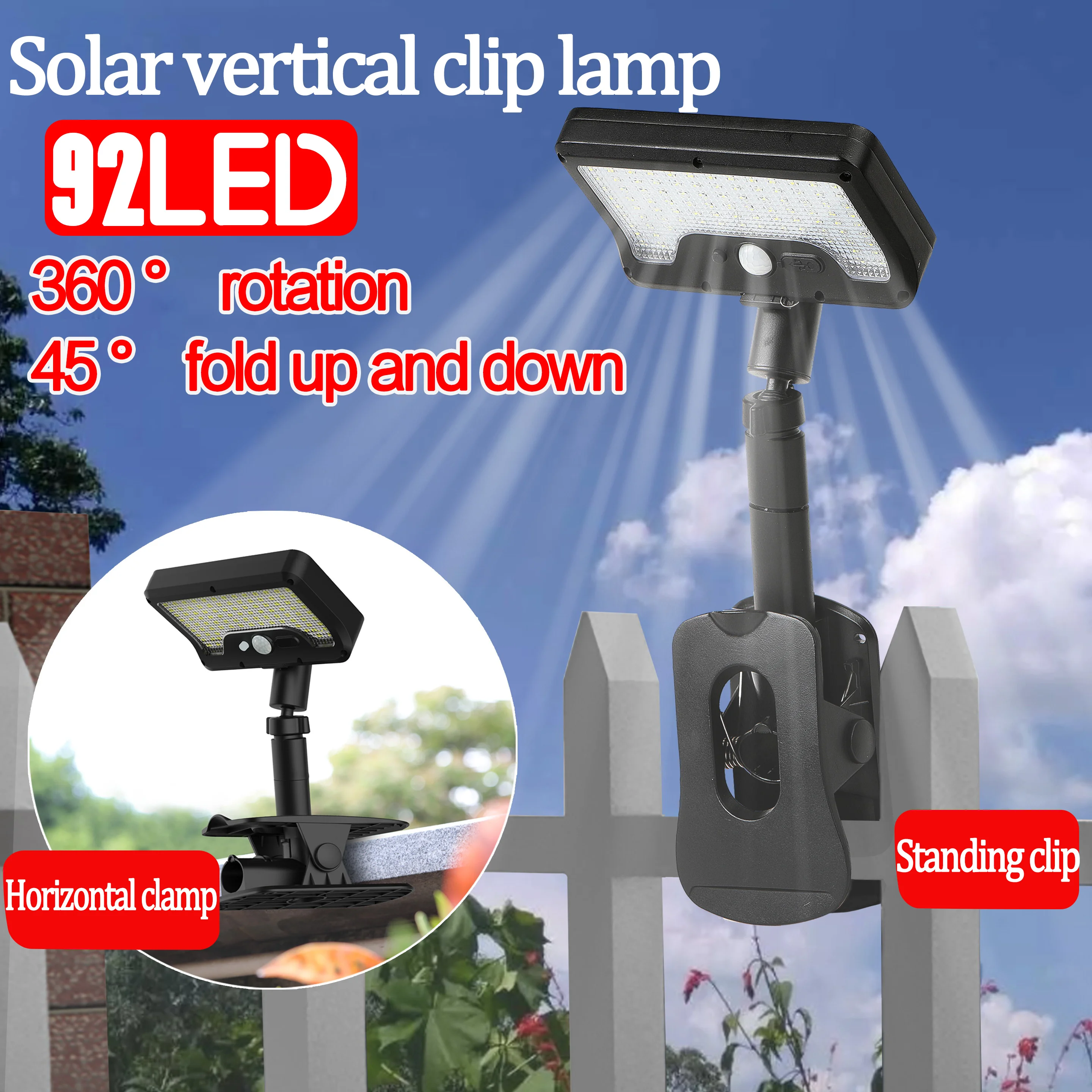 1PC movido a energia solar lâmpada de clipe duplo luz externa para pátio branco/luz quente 360 °   Luzes de jardim para gramado com detecção de corpo humano de rotação