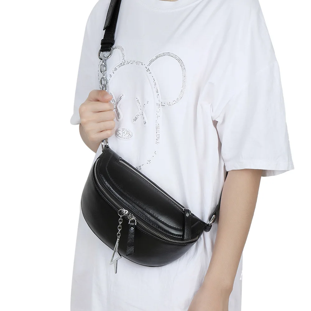 Bolso de pecho 100% de cuero de vaca genuino para mujer, bandolera de hombro, monedero de cadena de diseño de lujo, negro puro