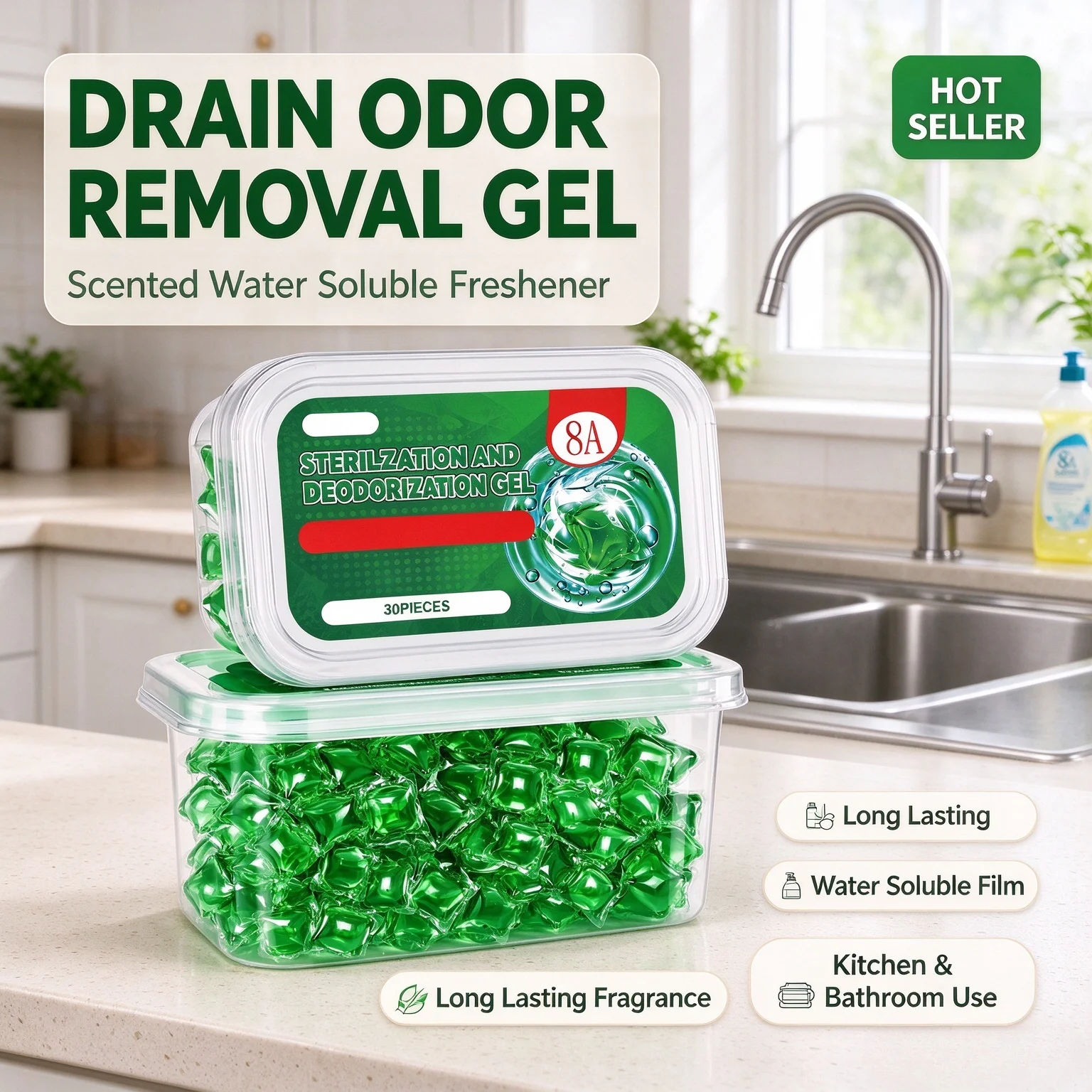 Sewer Odor Removal Gel Scented Drain Freshener Gel with Water Soluble Film Sink Drain Odor Eliminator Fragrance Pipe Deodorizer