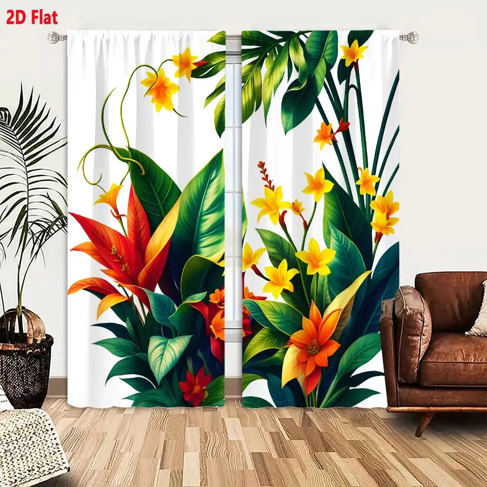 2Pcs Curtains 2D Flat Vibrant Tropical Floral Arrangement With Red Orange Bird Flower Green Leaves Yellow Stars And Painterly Il
