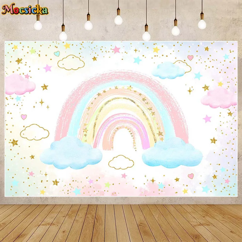 

Mocsicka Cartoon Rainbow Background Gold Star Blue and Pink Clouds Children's Room Wallpaper Backdrop Baby Birthday Party Decor