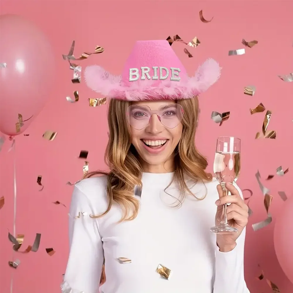 

Розовая пушистая ковбойская шляпа для невесты HGDTFF