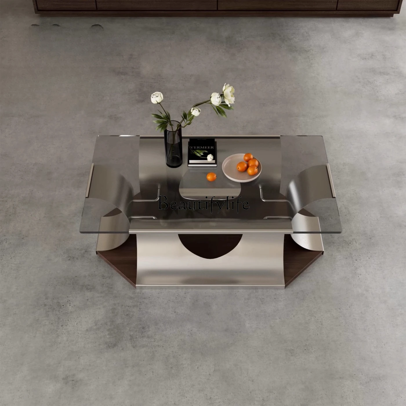 

French designer stainless steel rectangular coffee table ultra-white tempered glass