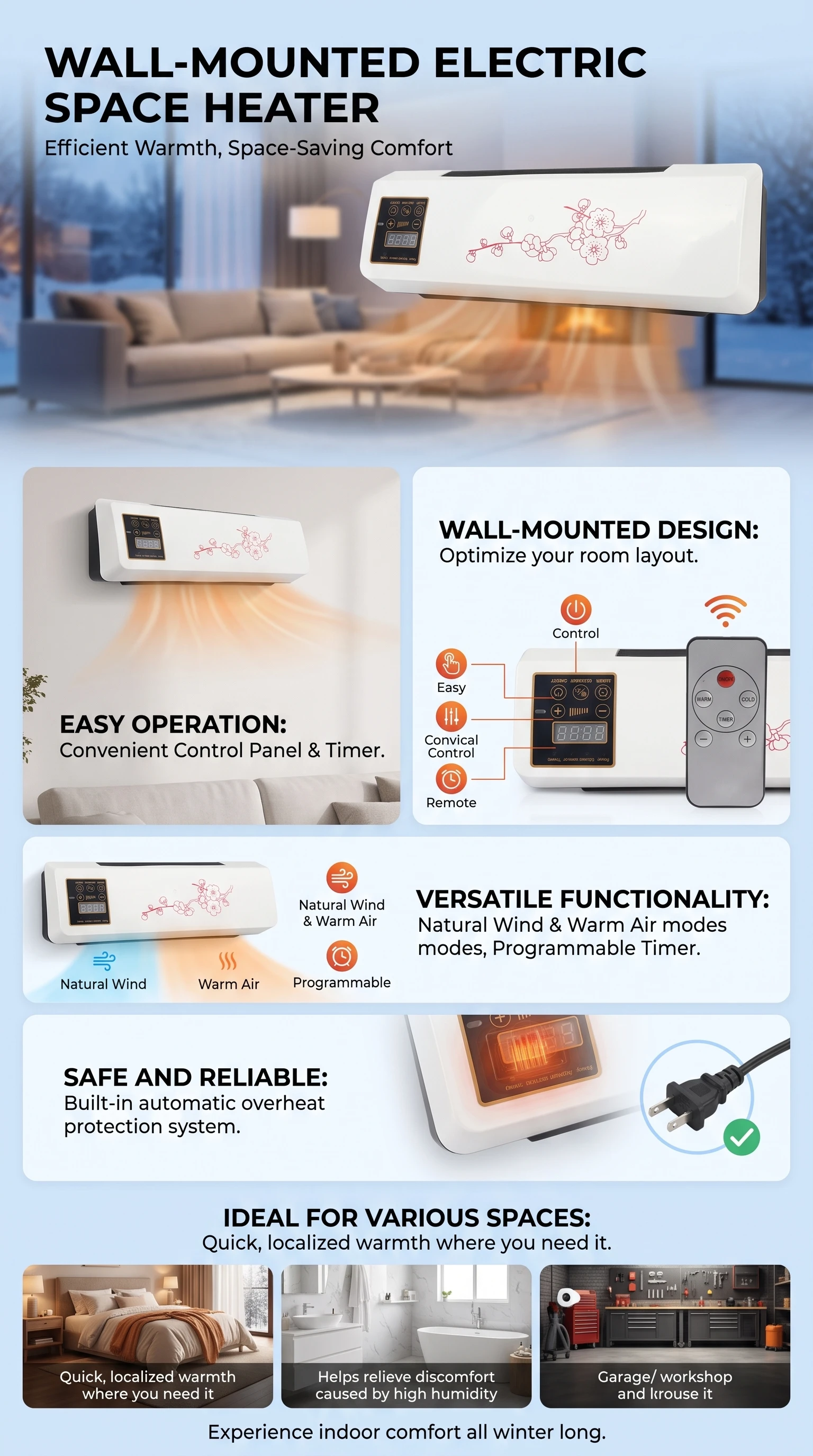 Cooling Heating Fan Electric Air Conditioner Fan Wall Mount Easy Temperature Timer Heating and Cooling Fan