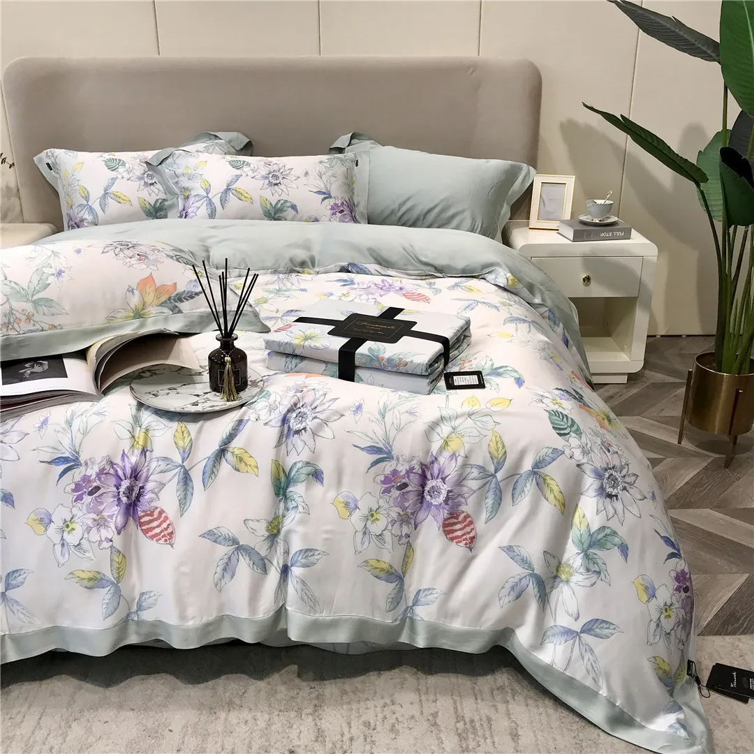 

2023 New Long Staple Cotton Plant Pattern Four-piece Bedding Household Must Four Seasons Universal Luxury Bedding White Flowers