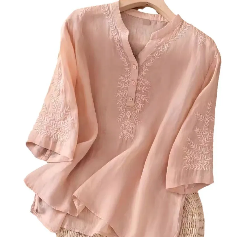 Pullover Short Sleeve Shirt Regular Fit Literary Retro Women Blouse with V Neck Embroidery Floral Pattern Regular Sleeve