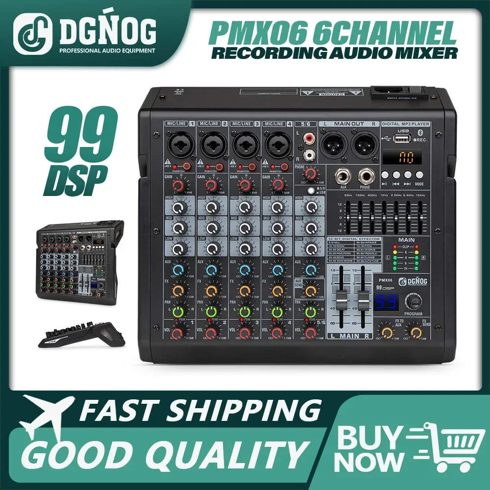 DGNOG PMX06 6 Channel Mixer 99 DSP Digital MP3 Input 48V Phantom Power Supply 7-stage Equalizer Podcast Recording with Bluetooth