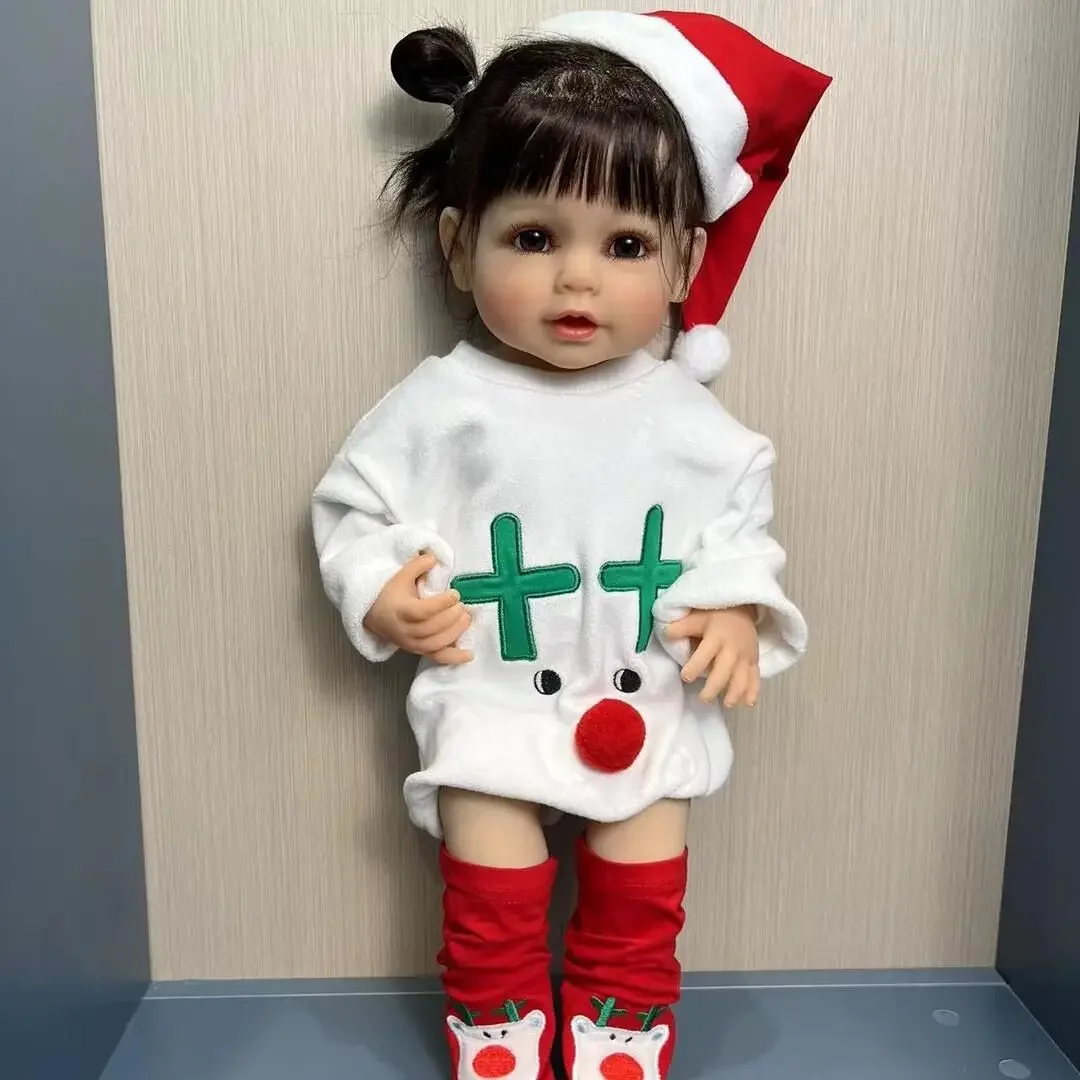 

NPK 55cm Full Silicone Christmas Outfit Reborn Smile Baby Doll Kids for Girls Lifelike Black hair Soft Touch High Quality Doll