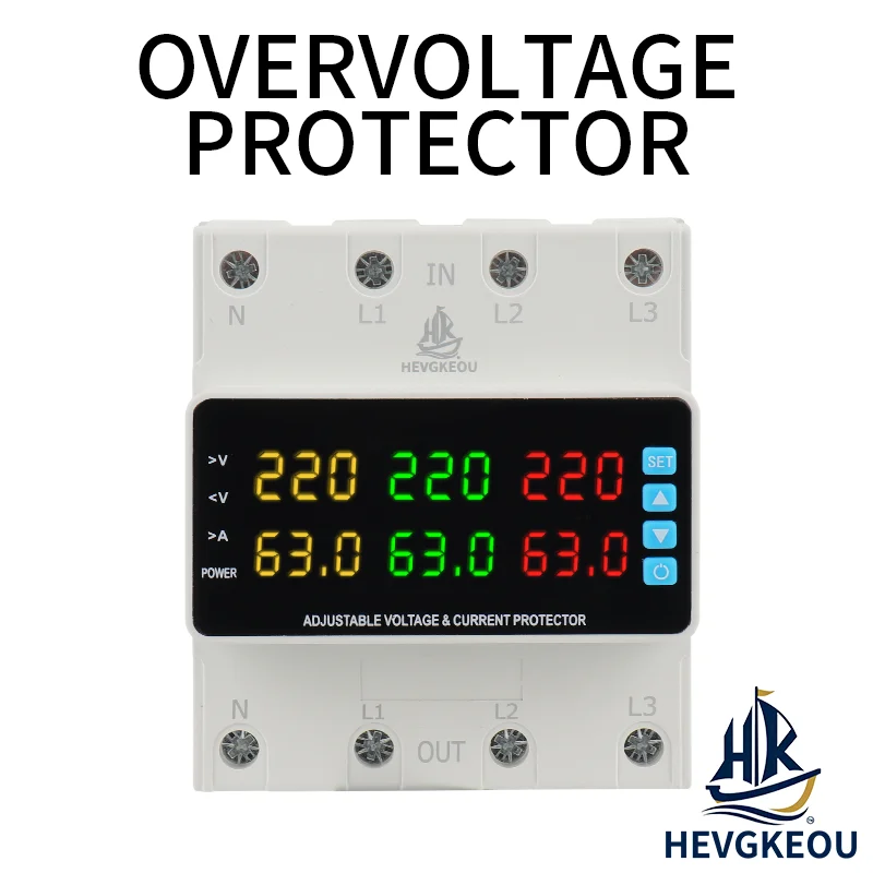 Adjustable 3 Phase Over Under Voltage Protector | 4P 63A 100A DIN Rail Mount with Digital Display for Power Monitoring