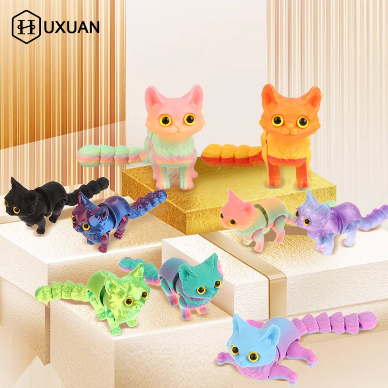 1pcs 3D Printed Colorful Candy Cat Movable Joint Simulation Mini Candy Cat Action Figures Desktop Ornament Birthday Gifts