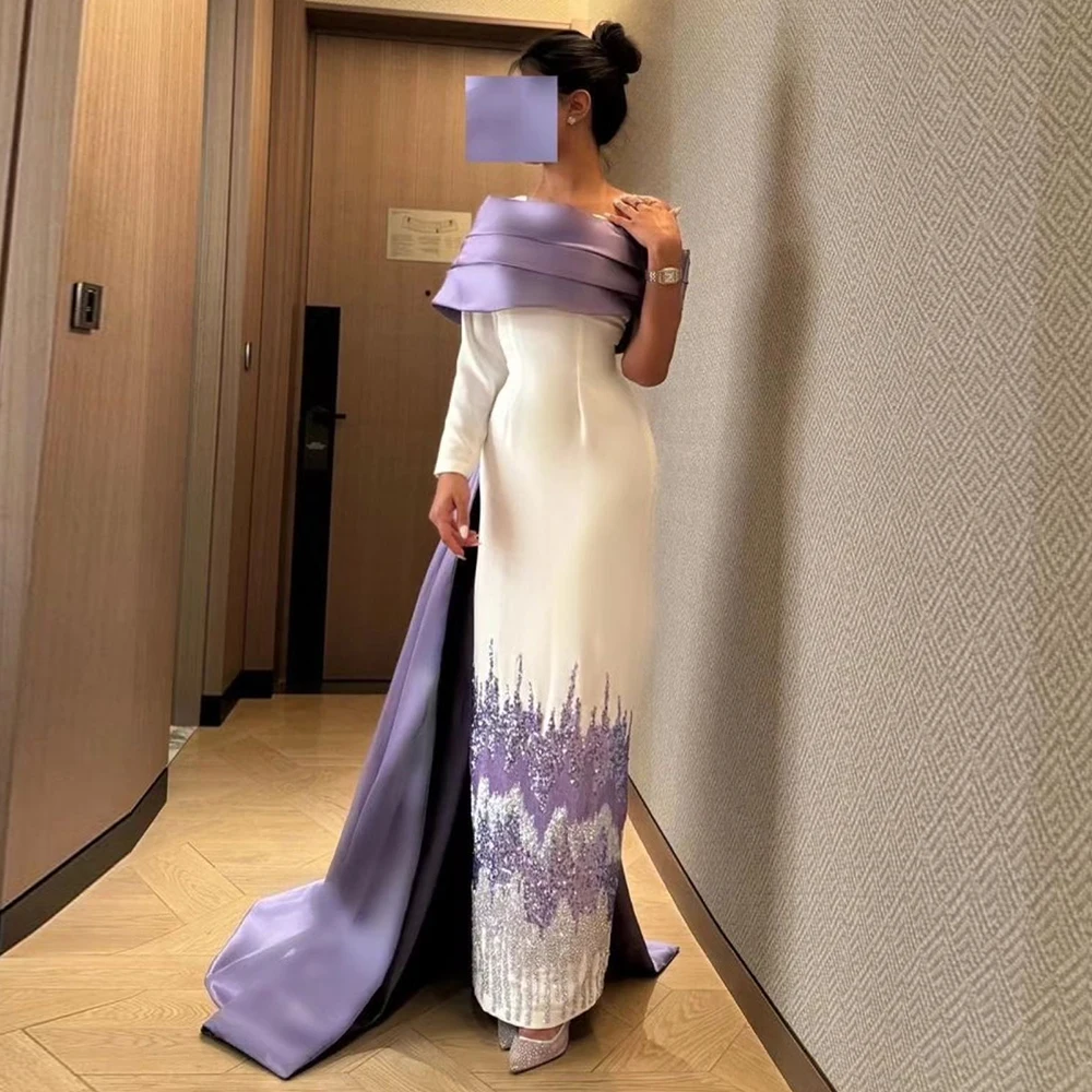 Customized Exquisite Crystal Satin Off the Shoulder Evening Dress Delicate Straight Long Sleeves Floor Length Celebrity Gowns