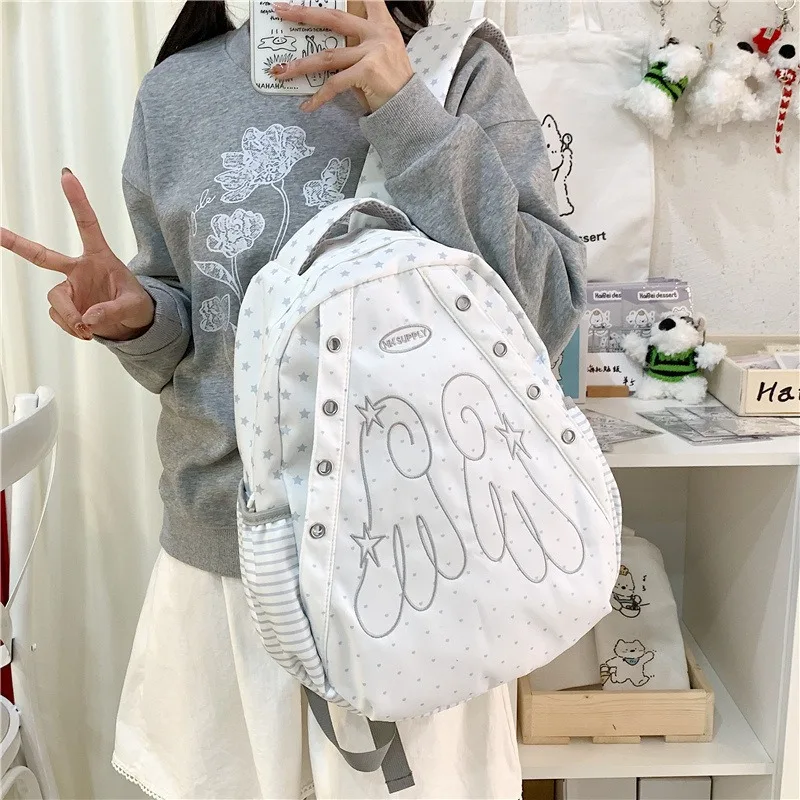 Korean Cute Backpack Dot Star Wing Embroidery Kawaii Backpack Girl Sweet Daypack Casual Light Travel Rucksack Student School Bag