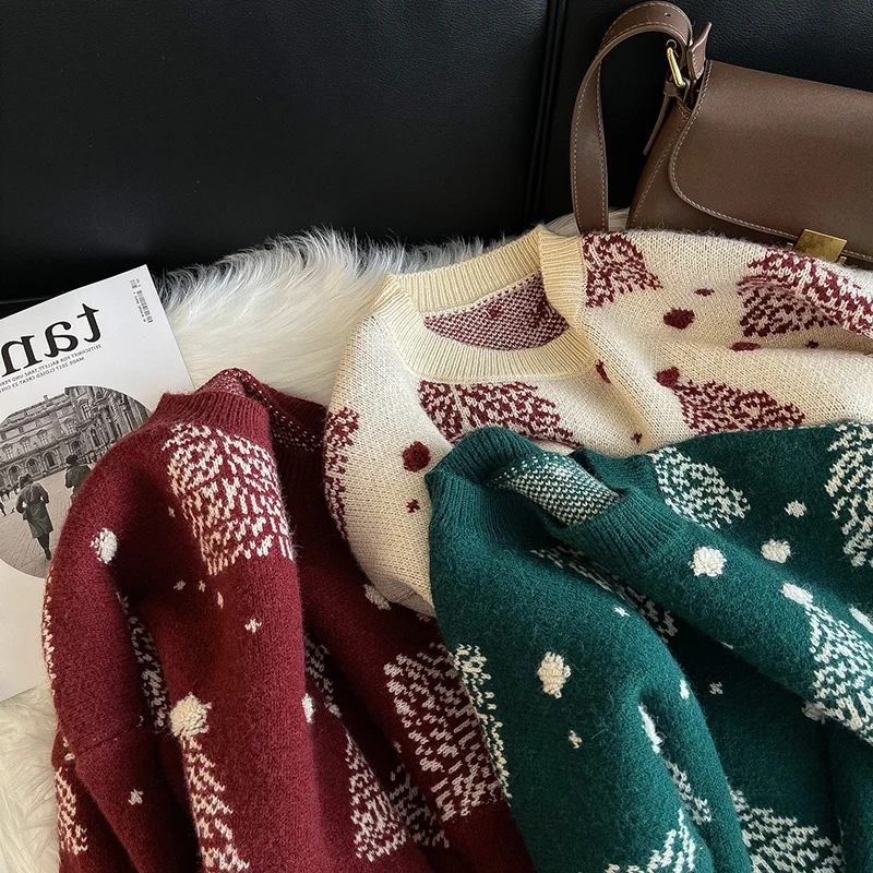 عيد الميلاد الأخضر محبوك سترة للنساء شتاء جديد الكورية نمط كسول نمط كم طويل بلوفر عالي الجودة بلايز فضفاضة غير رسمية #6