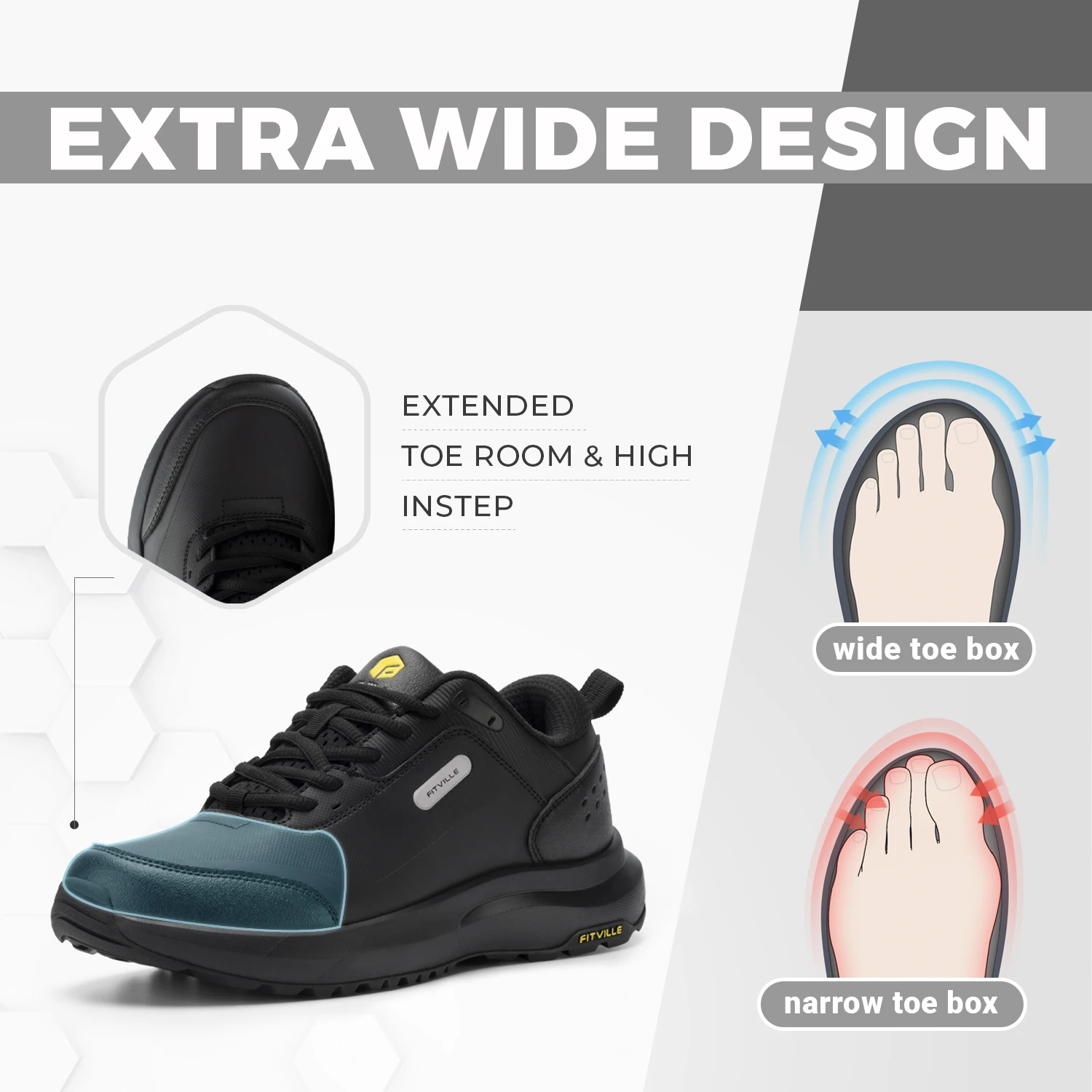 Fittington Men's Hiking Shoes Wide Outdoor Walking Shoes Low-top Waterproof Work Shoes Soft Toe with Arch Support for Heel