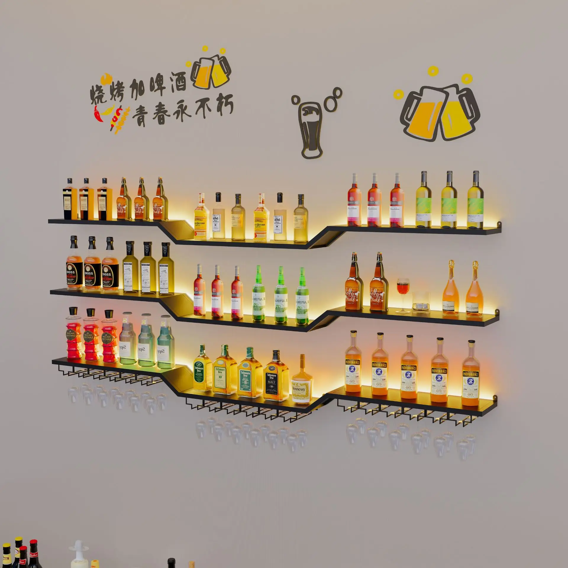 Bar wall bar wine rack wall-mounted wall display stand creative restaurant luminous wrought iron rack wine rack