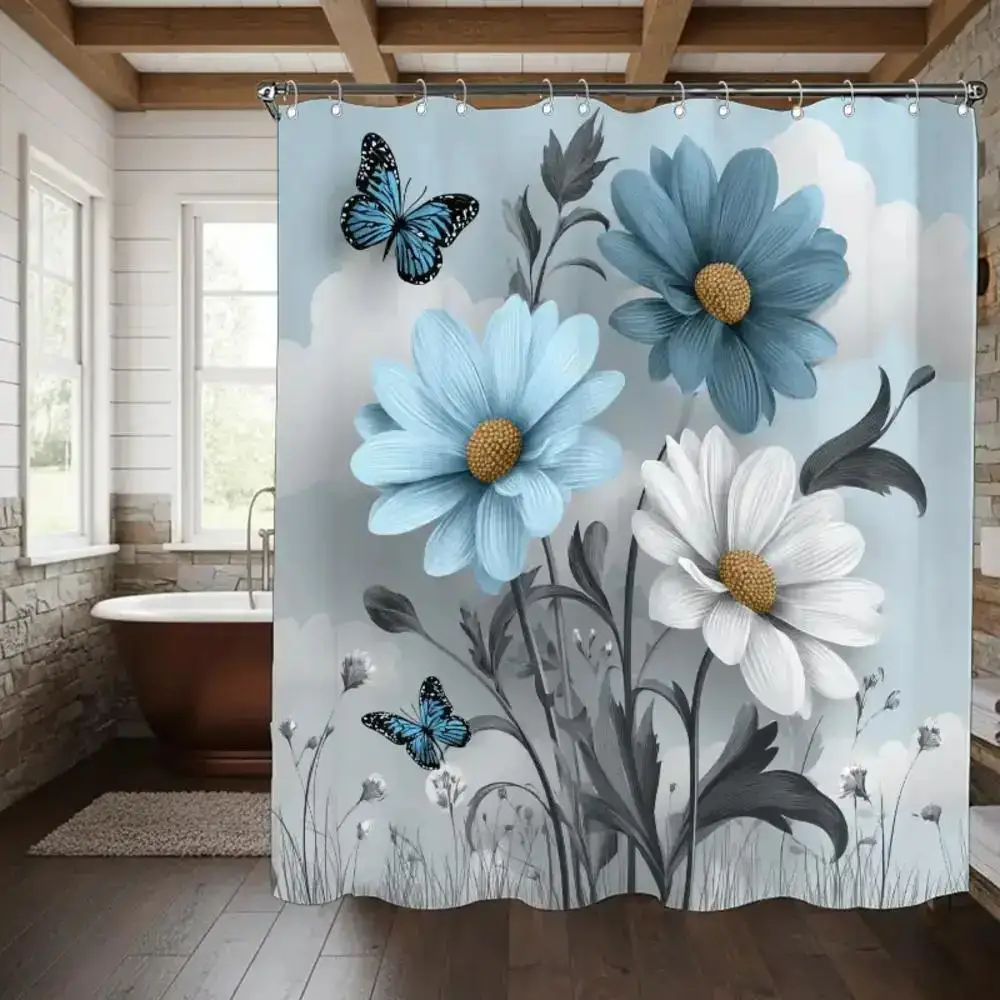 

Blue Flowers Butterflies Digital Print Shower Curtain Nature Theme Bathroom Decor Waterproof Bath Curtain for Home Decoration