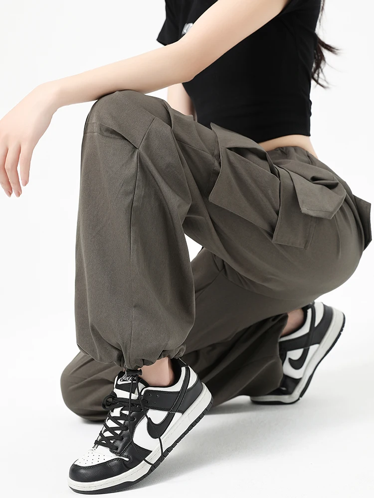 Cargo Pants Women Summer New Thin Trendy Casual American Quick-drying High Waist Packet Lace Up Solid Sporty Streetwear Daily