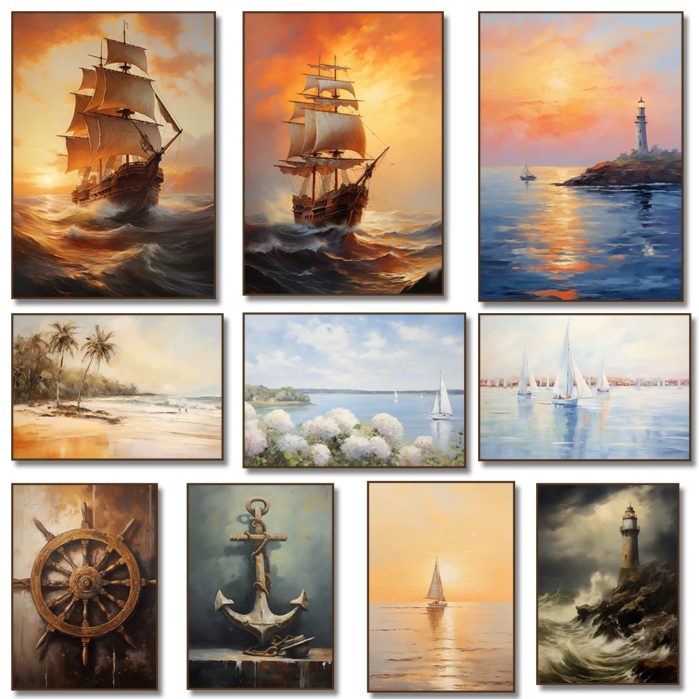 الإبحار قارب المنارة عند غروب الشمس الساحلية جدار الفن الاستوائية شاطئ شجرة النخيل المشارك قماش اللوحة طباعة ديكور المنزل كوادروس