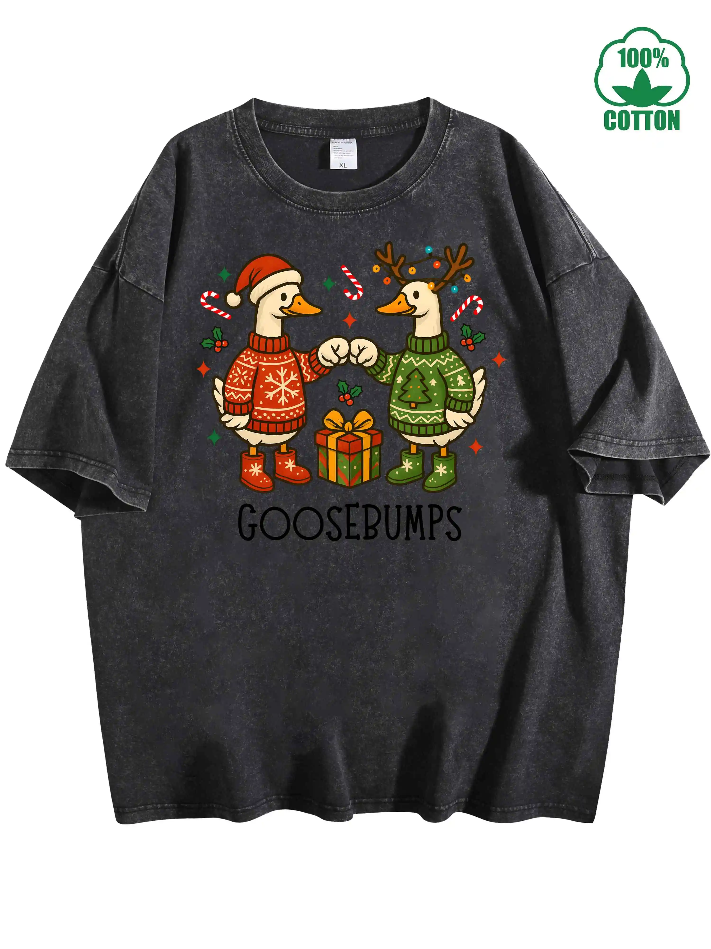 

Рождественская винтажная потертая футболка из 100% хлопка «Мурашки по коже», 230 г, удобная уличная одежда большого размера для