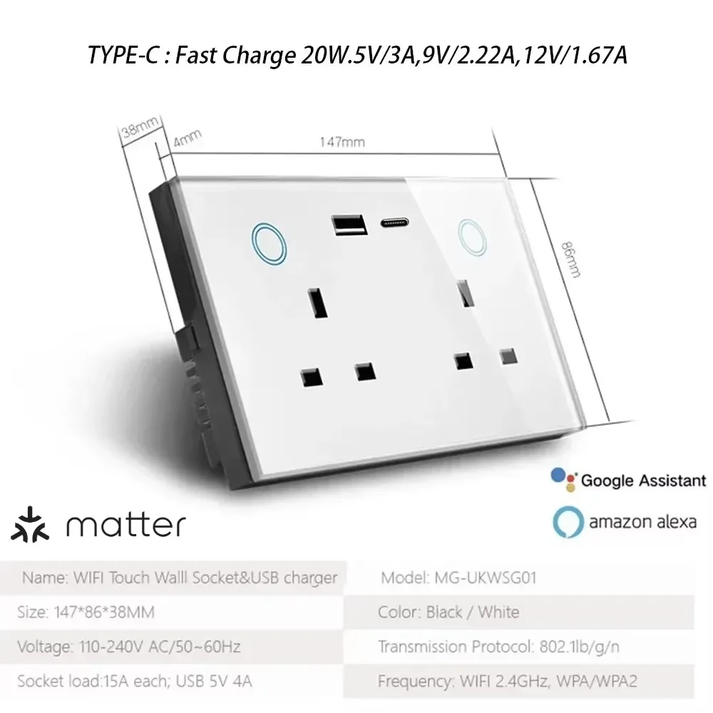 Melery Matter Smart Things Tuya USB Type C PD 20W Wall Socket UK Plug Outlet Power Glass Touch Switch Remote Alexa Google Home