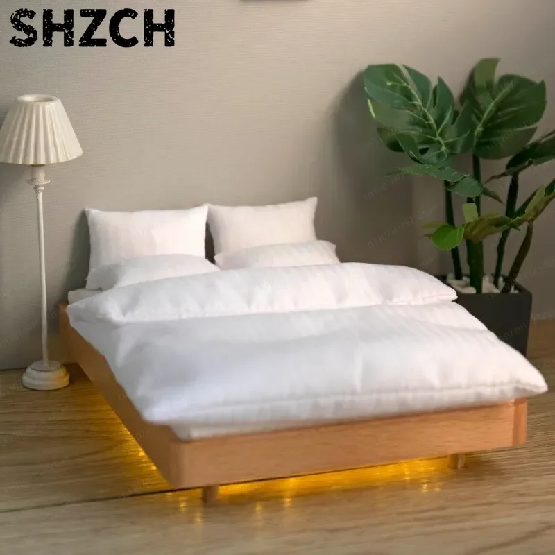 1:12 Doll House Mini Furniture Model with Suspended Double Bed, Bedroom Miniature Ornament