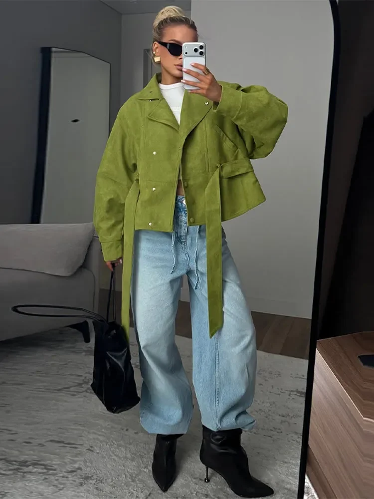 Damenmäntel mit Stehkragen, Schnürung an der Taille, kurze Windjacke, Frühlingsjacke für Damen, langärmlig, schmal geschnitten, modische neue Oberbekleidung – Detail 15