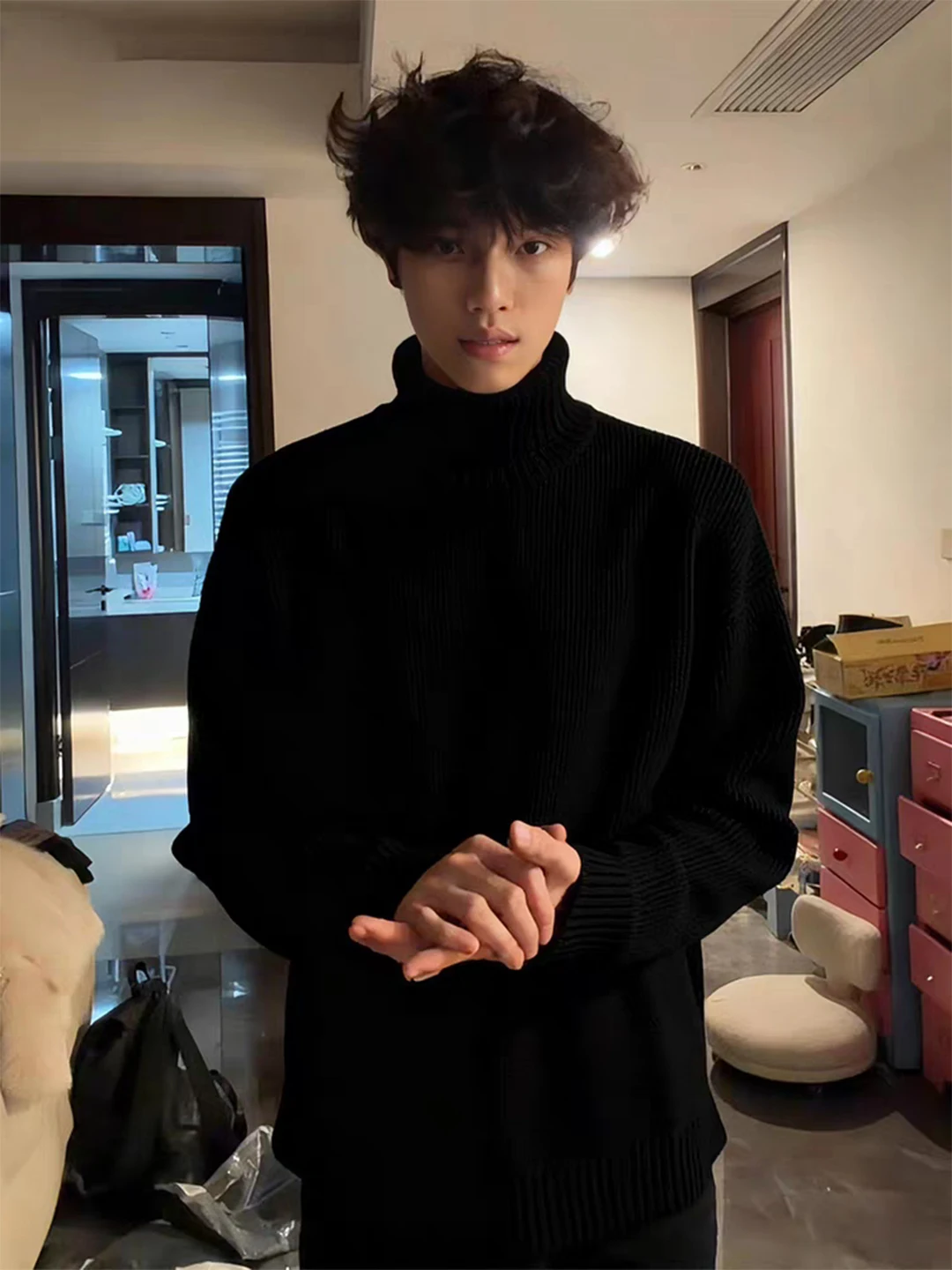 

Men's Thiened High Collar Fce Lined Knitwear Bla American Sle Winter Lazy Faion Base Layer Sweater Inner irt