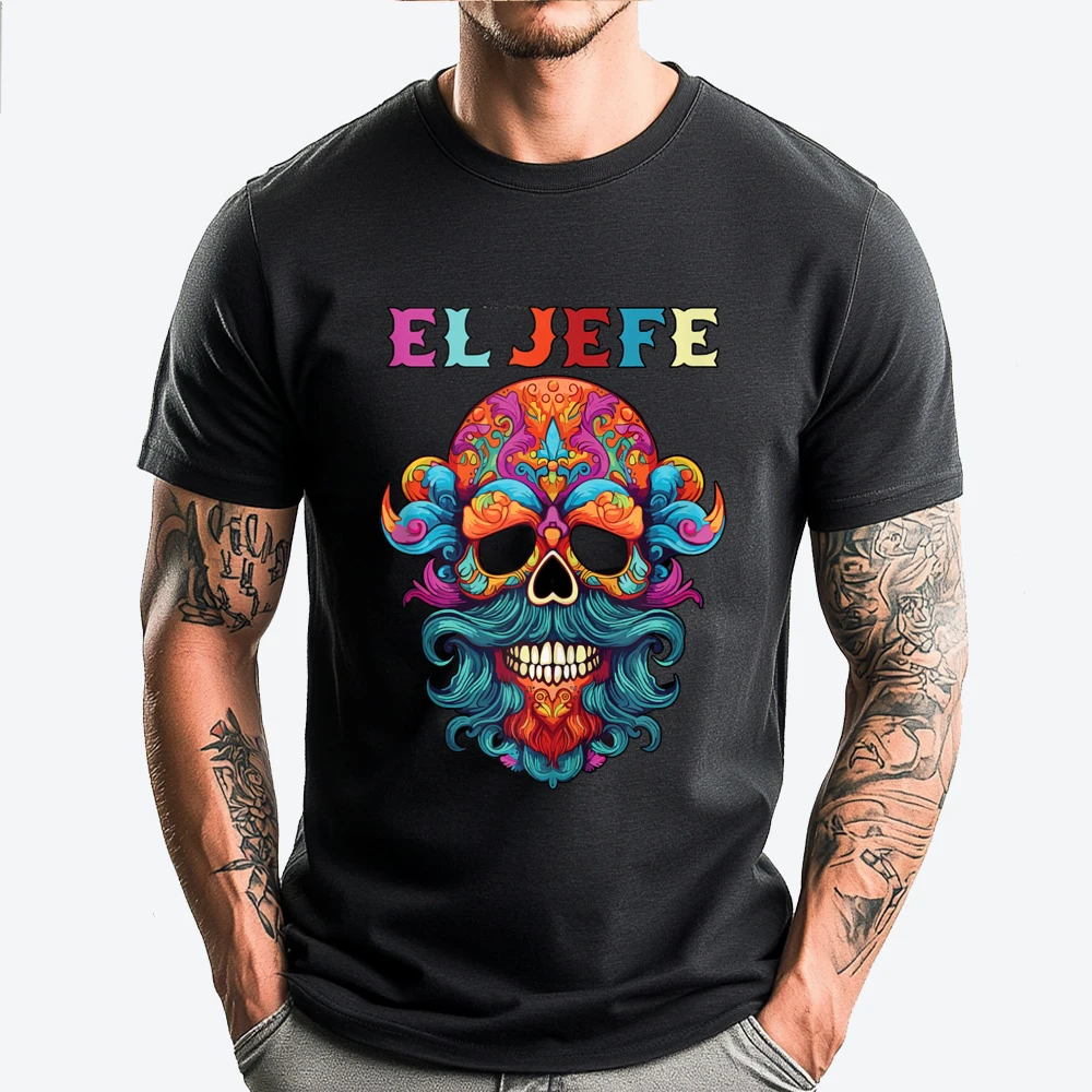 

El Jefe Sugar Skull Men Day Of The Dead Dad Graphic T Shirts 100% Cotton Brand Clothing Vintage Style