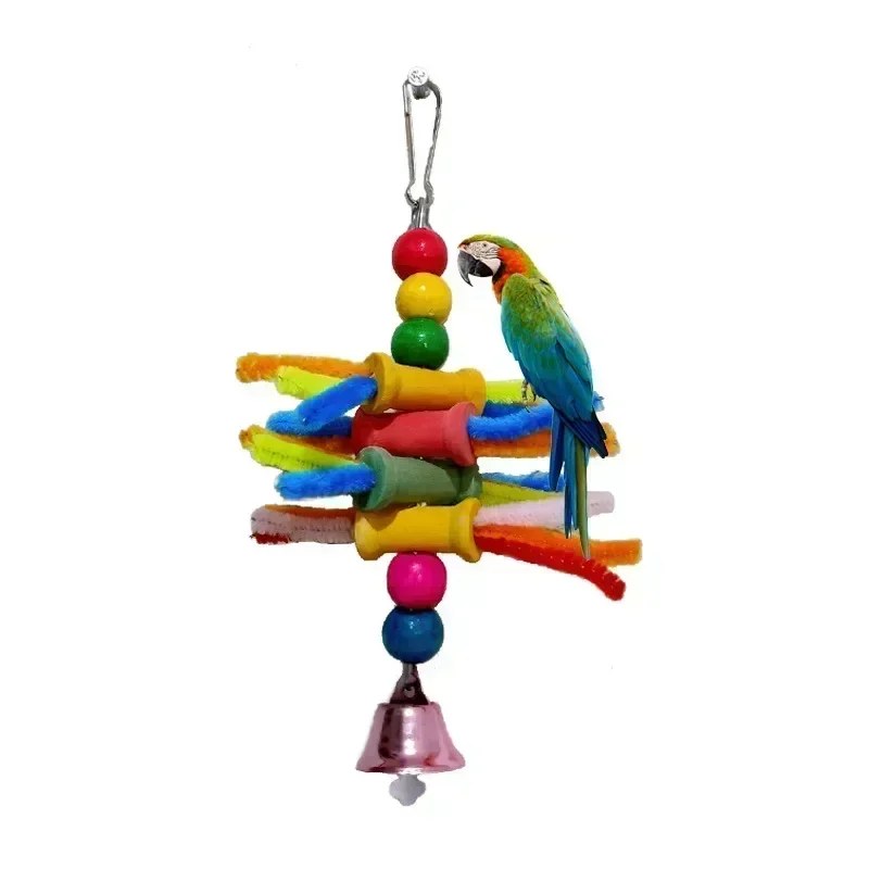 Parrot Chew Toy With Hook Colorful Wooden Beads Ropes Natural Blocks Tearing Toys for Small Medium Birds Mini Macaw Bird