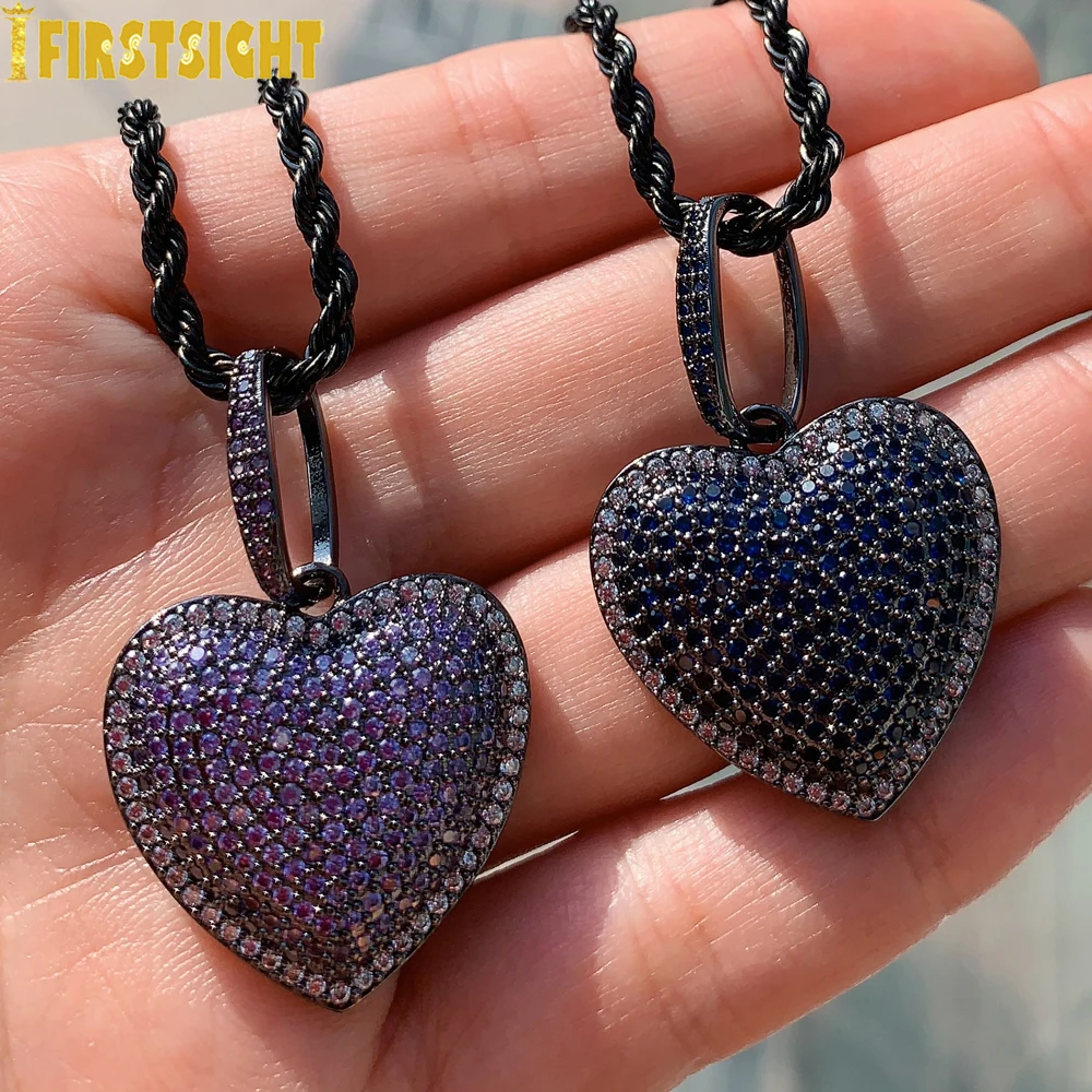 2026 New Iced Out Black Heart Shaped Pendant Necklace Black Color Cubic Zirconia Charm Fashion Hiphop Women Men Jewelry