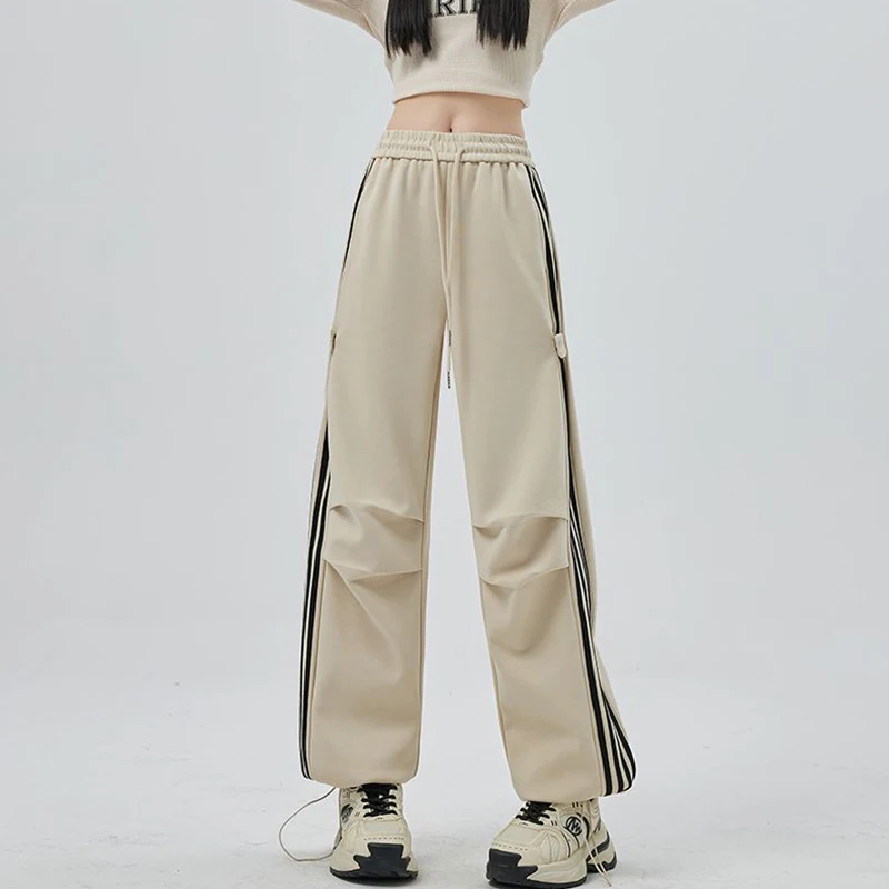 Hot Sale Girls High Waist Straight Leg Cargo Pants New Streetwear Female Korean Pants Lady Striped Quick Drying Trousers