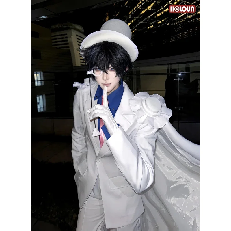 FC6HOLOUN Detective Conan Anime Kuroba Kaito Cosplay Costume White Cloak Suit Pants Dark Blue Shirt Red Tie  Halloween Chri@FC8！