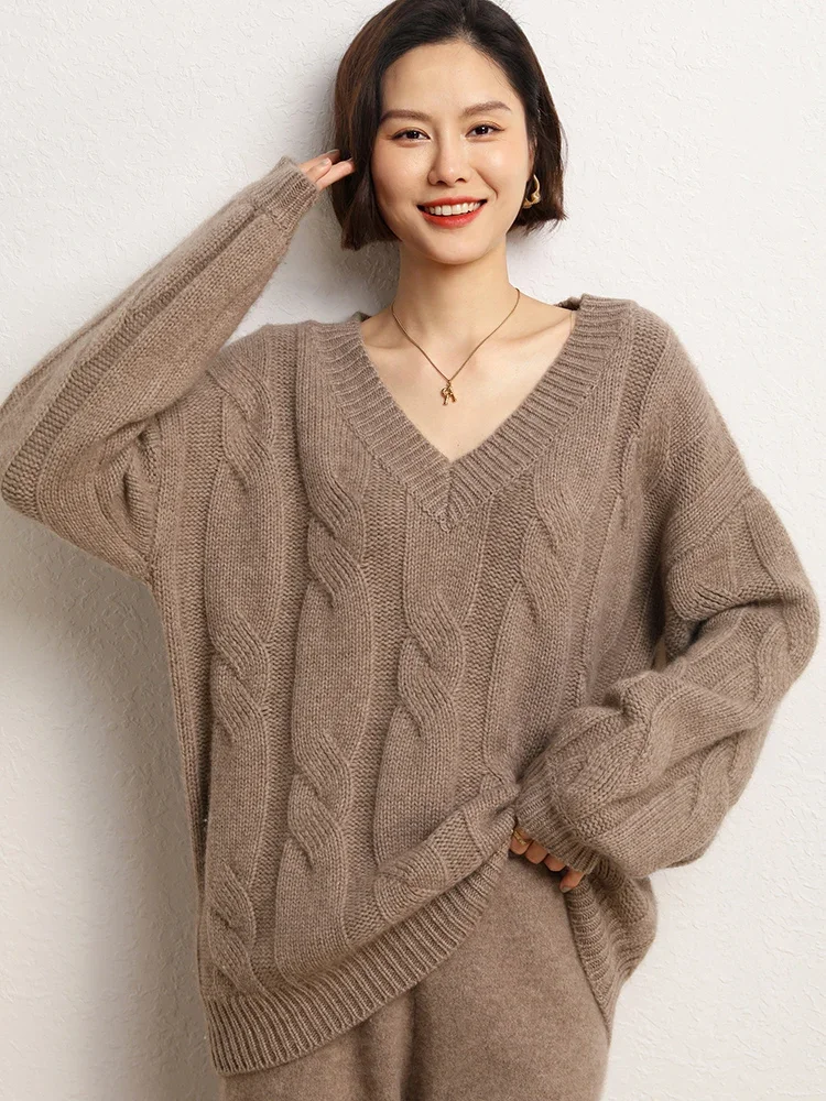 Luxury Women Sweater 100% Cashmere Autumn Winter Sweater Pullover Clothing Sexy Deep V-Neck Pullover Twist Flower Loose Knitwear