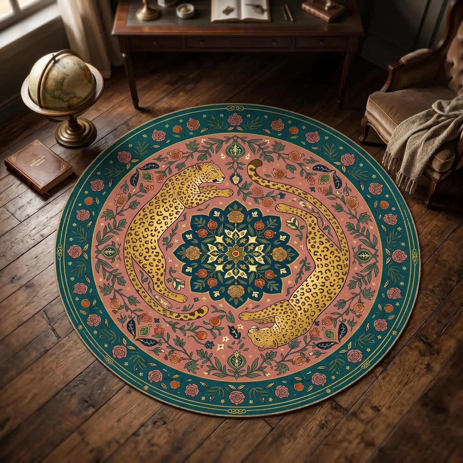 【Room Decor Carpet】Leopard Print Carpet, Pink Plant Mandala Decoration, Round Bohemian Style Animal Carpet, Suitable for Living Room and Bedroom