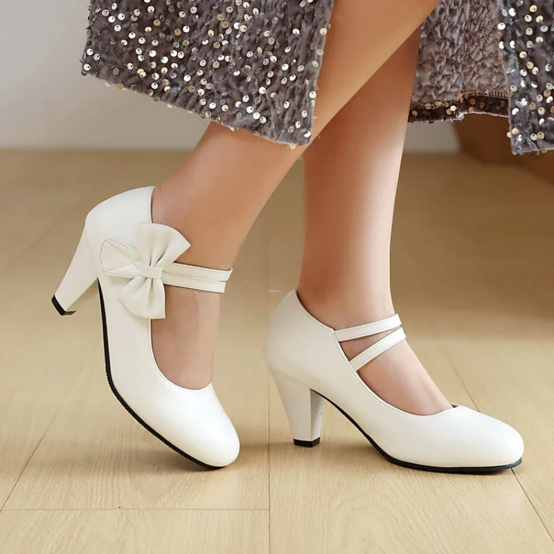 2026 New Spring/autumn Women's Square Heel High Heels with Shallow Bow Design Round Toe Shoes Size 32-48