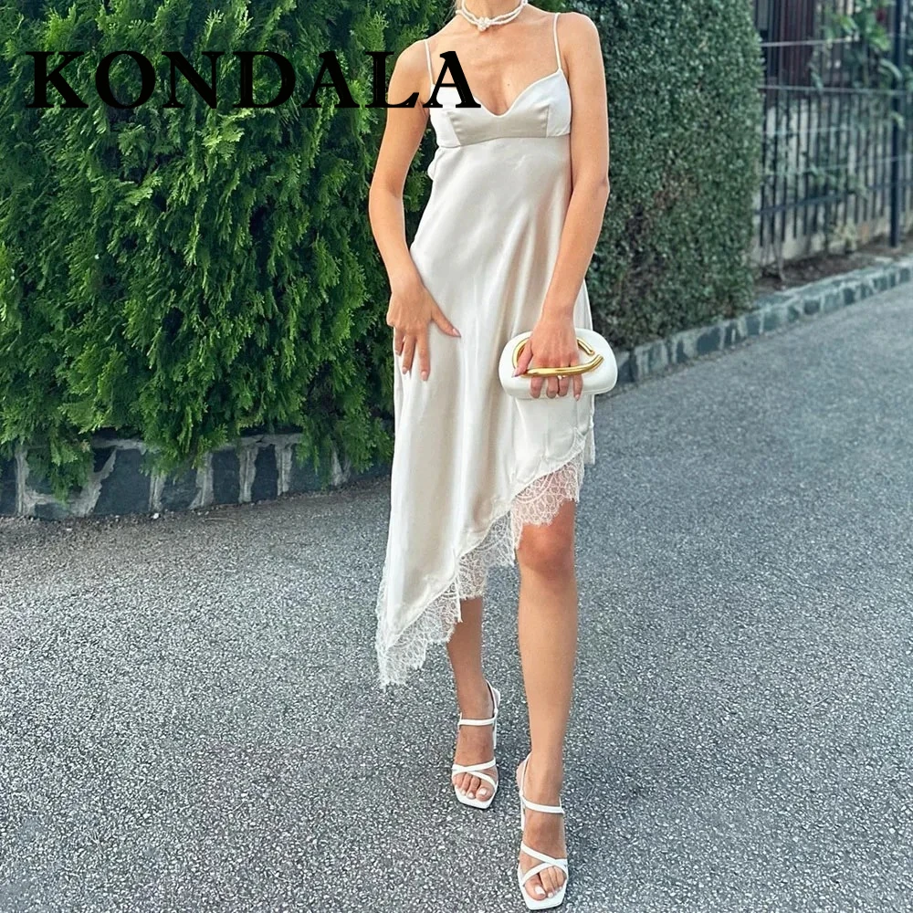 KONDALA 2025, Sexy Spitze Frau Kleid Mantel Cami Weiß Asymmetrische Kleid Backless Mode Chic Spitze-up Nacht Party Mujer vestidos
