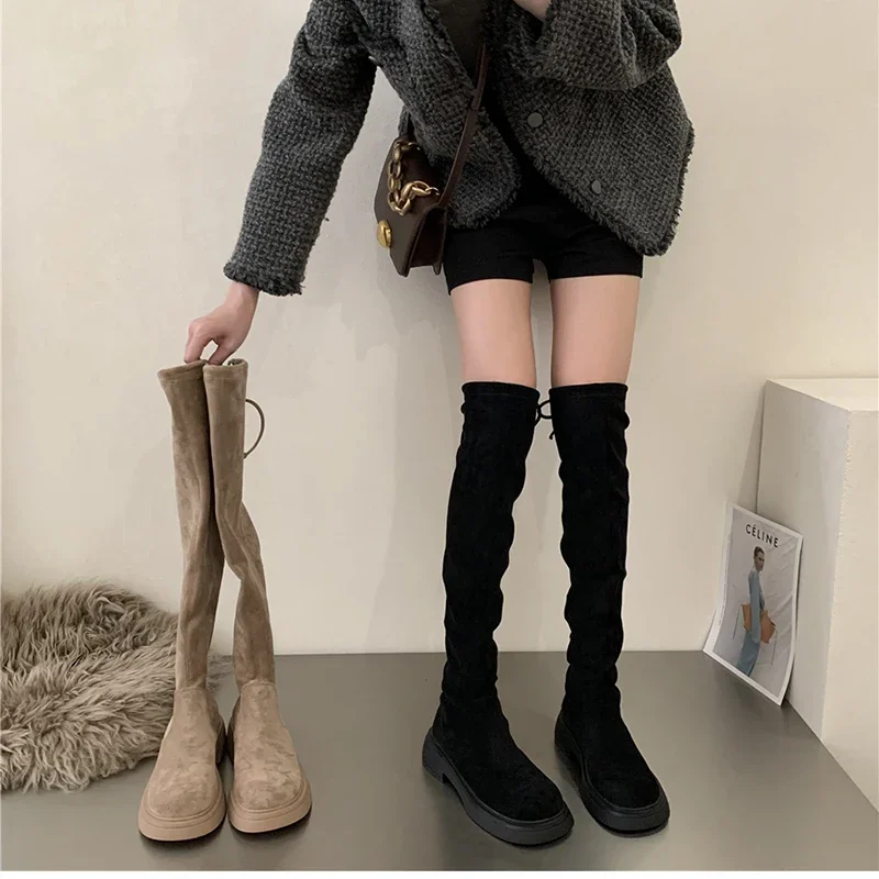 Stretch Women Over the Knee High Boots Fashion Round Toe Shoes Autumn Winter Thick Heel Ladies Morder Long Booties