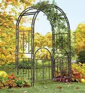 

Arch Metal Outdoor Garden Arbor Double Gate，Montebello，7 Feet Tall，Gunmetal Black，Trellis Lattice Climbing Plants