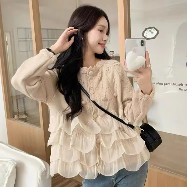 KUSAHIKI Fashion Sweet Layered-ruffe Patchwork maglione cappotto causale 2023 autunno inverno lavorato a maglia Caridgan Chic corea donne maglieria