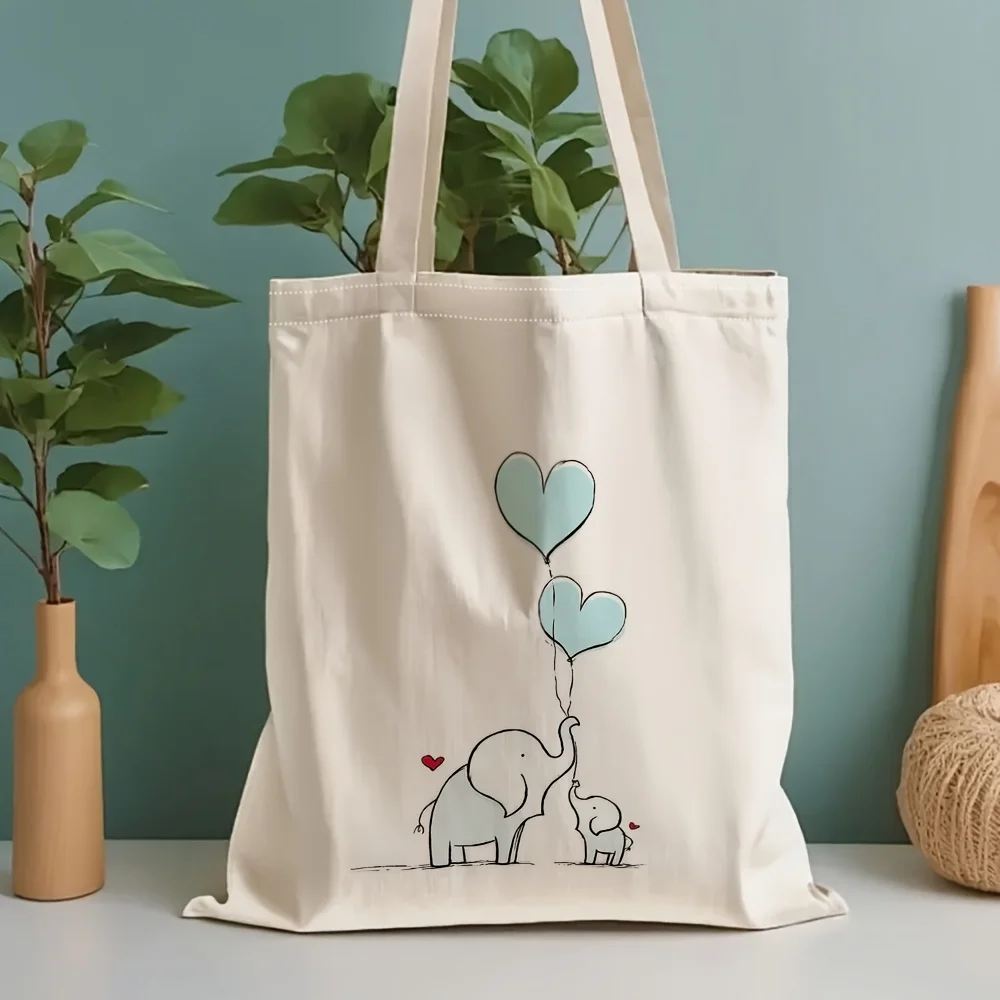 Double-Sided Print, Elephant Heart Balloon Tote Bag, Family Love Shoulder Bag, Parent Child Handbag